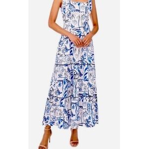 CeeCee Maxi Dress Women XL White Blue Coastal Starfish Linen Blend Sundress